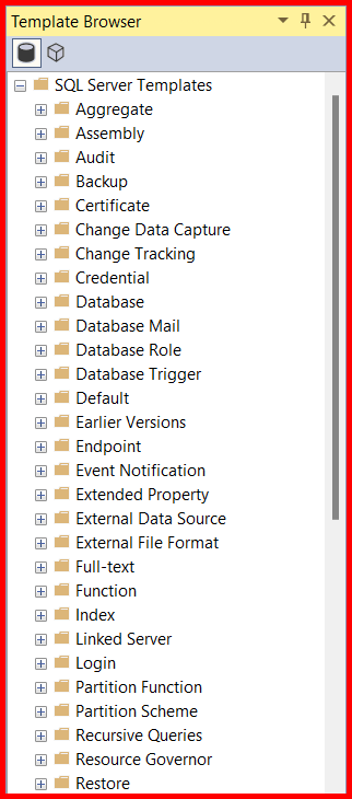 Picture showing the template explorer window in the SQL server management studio